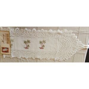 Table Runner-White Lace With Tassels and Palm Trees-13" X 72"